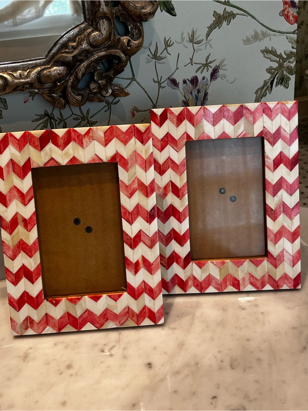 Pair of Two's Company Pink and White Chevron Double Frames